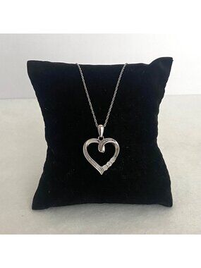 Sterling Silver 925 Diamond Open Heart Pendant Necklace 18" Chain